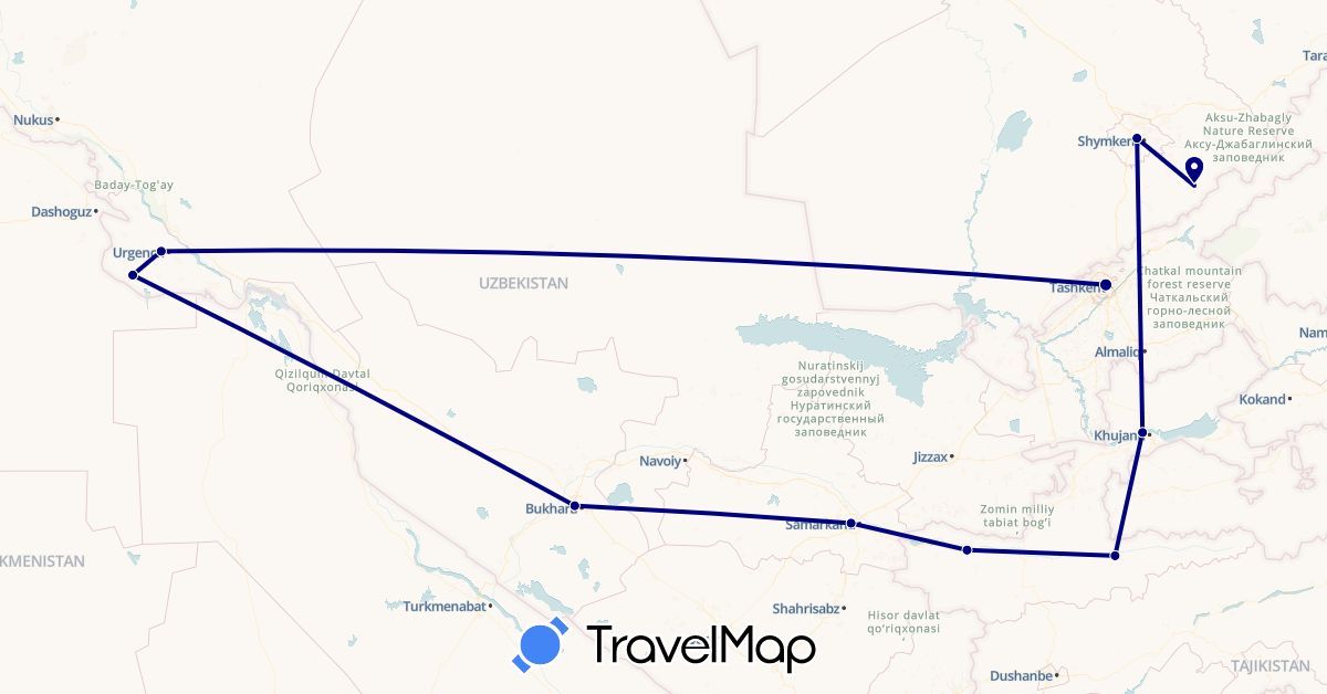 TravelMap itinerary: driving in Kazakhstan, Tajikistan, Uzbekistan (Asia)